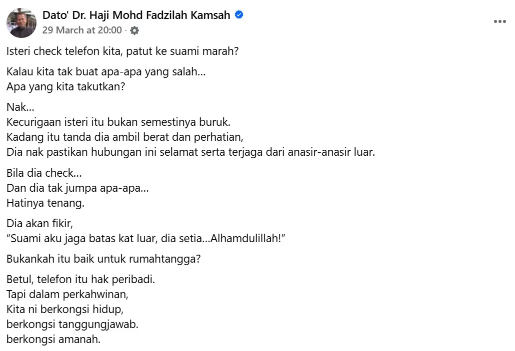 Isteri Check Telefon Suami, Dr Fadzilah Kamsah Selamba Nasihat “Apa Yang Nak Ditakutkan?”