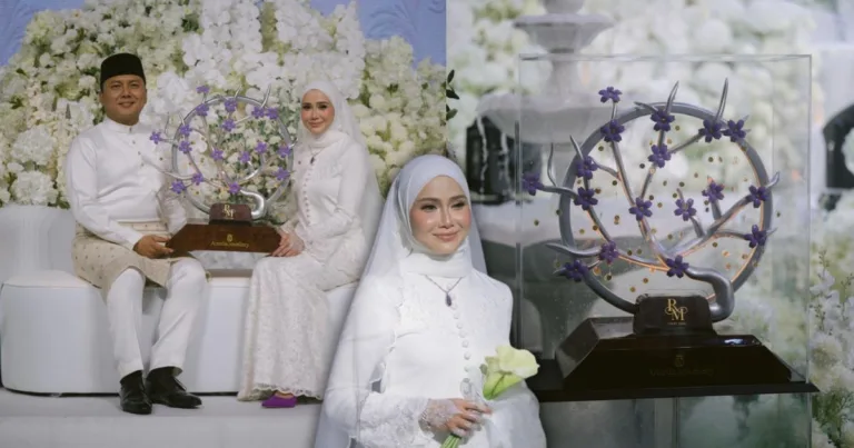 Hantaran ‘Pokok Emas Sakura Ungu’ Sempena Perkahwinan Radin & Mira Raih Tumpuan, Siap Ada Gold Bar!