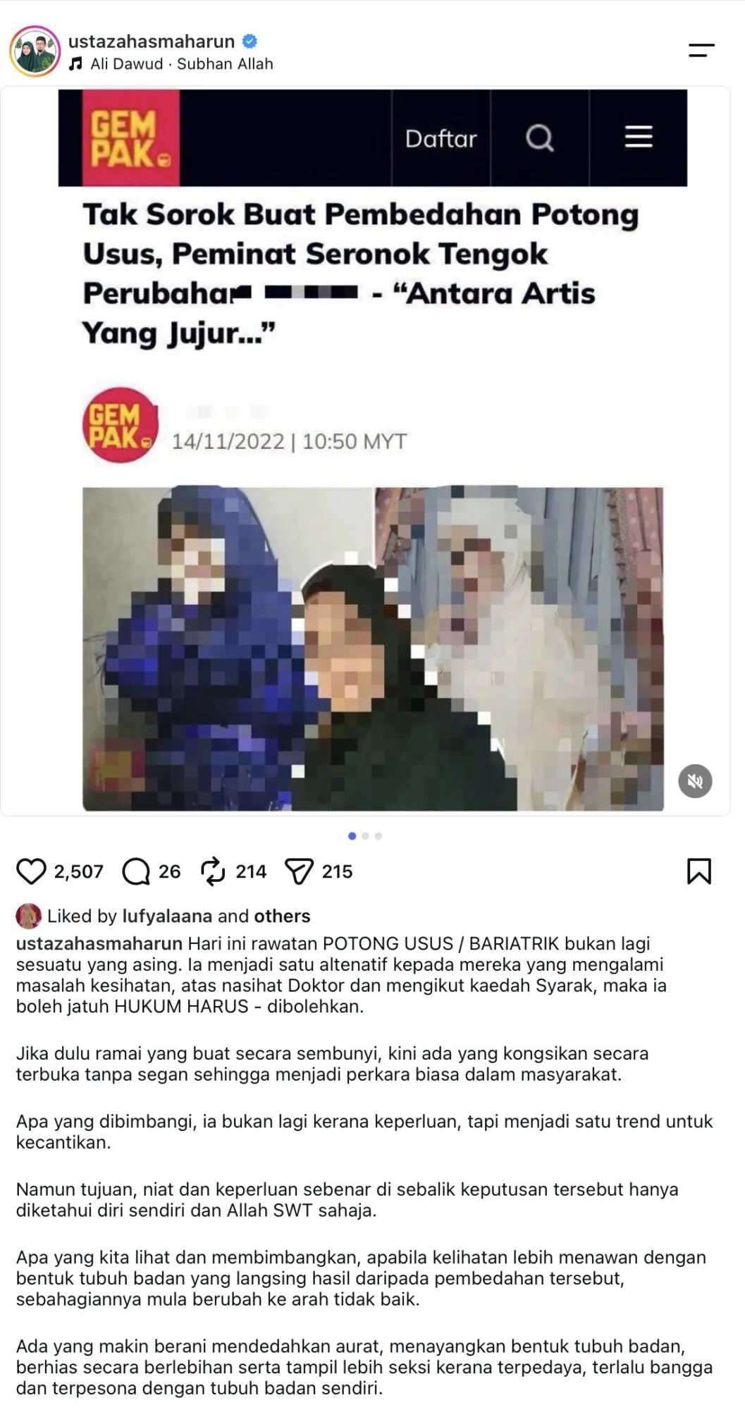 Hukum Bariatrik Dalam Islam: Ustazah Asma’ Harun Tegur Bukan Tiket Tayang Aurat